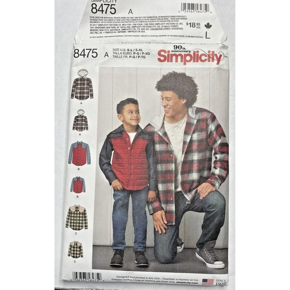 Simplicity Pattern 8475 Boys Mens Shirt Shacket Jacket Hooded Button S-XL preown
